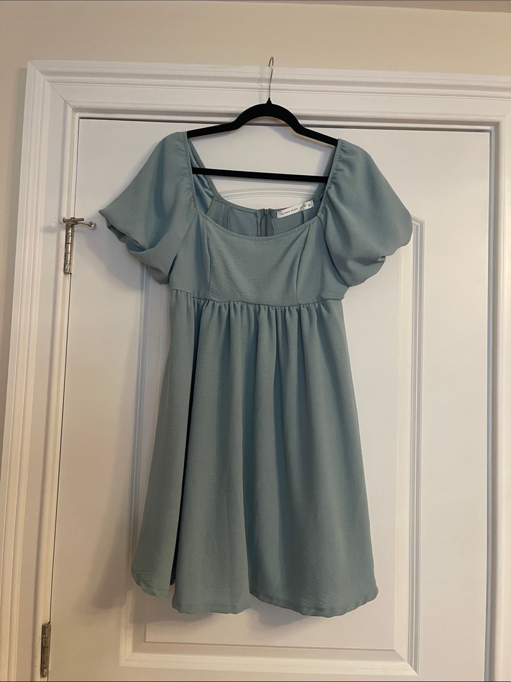 Altar'd State Light Sage Blue Puff-Sleeve Mini Dress